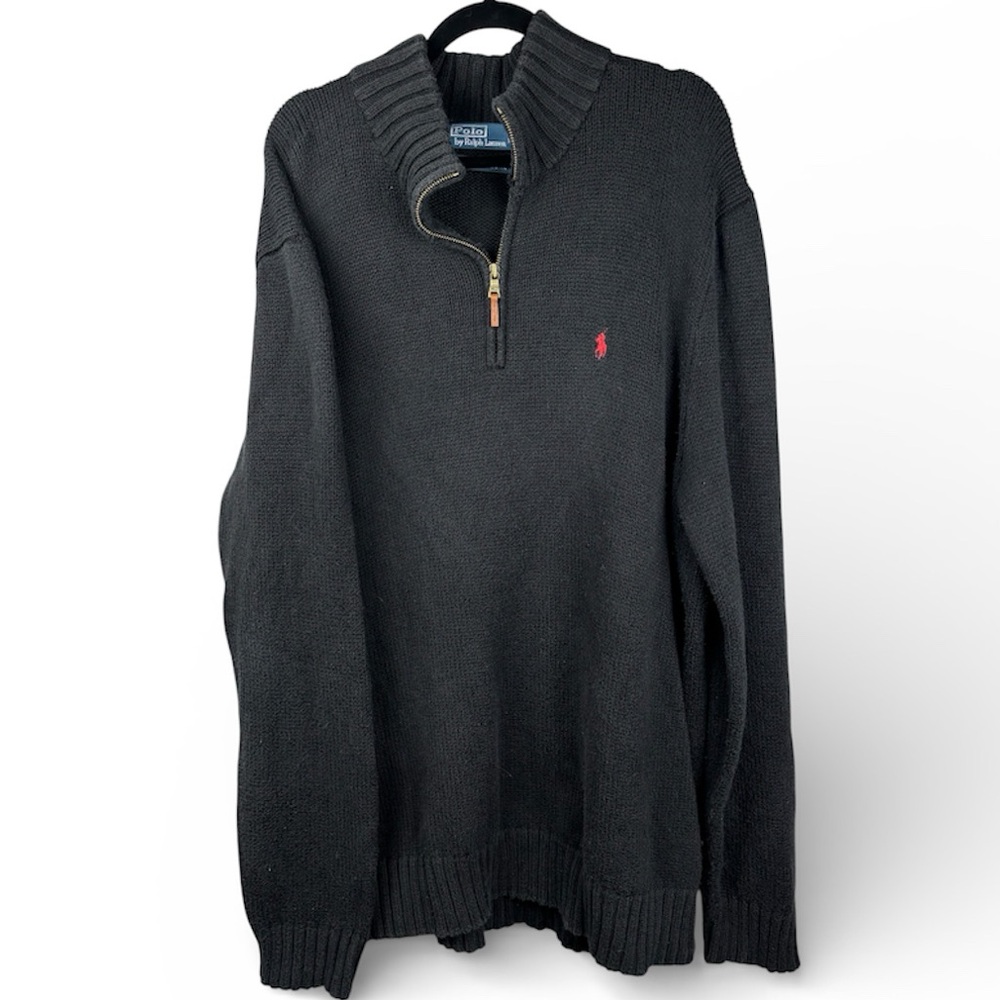 Ralph Lauren Men's Black 2XLT 1/4 Zip-Up Knit Sweater Cotton Preppy Classic